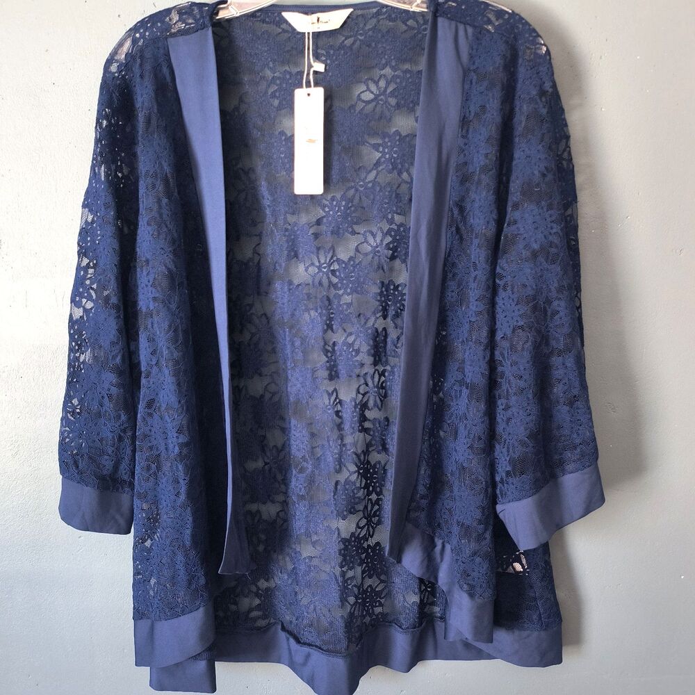 Agnes Orinda Kimono NEW 3X Blue Lace Floral Coverup Office Travel Pool Coastal